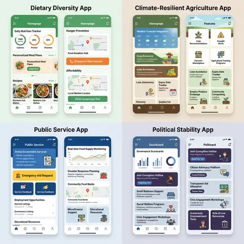 Mobile App Interfaces: Dietary Diversity, Agriculture Resilience, Public Services, Political Stability