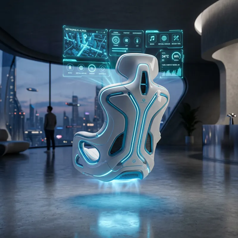 Futuristic White Hover Chair with Holographic Interface Futuristic White Hover Chair with Holographic Interface