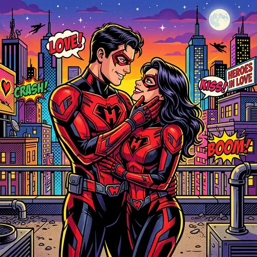 Male and Female Superheroes in Vibrant Pop Art Scene