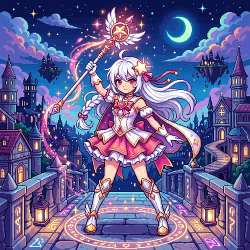 Vibrant Pixel Art: White-Haired Anime Heroine