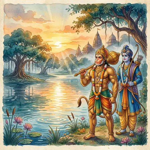 Lord Hanuman Defeats Lord Rama at Lake Sarayu - Mythical Watercolor Art