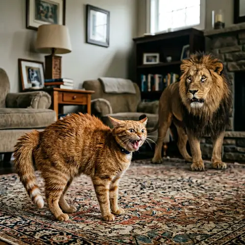 Fierce Domestic Cat Faces Fearsome Lion