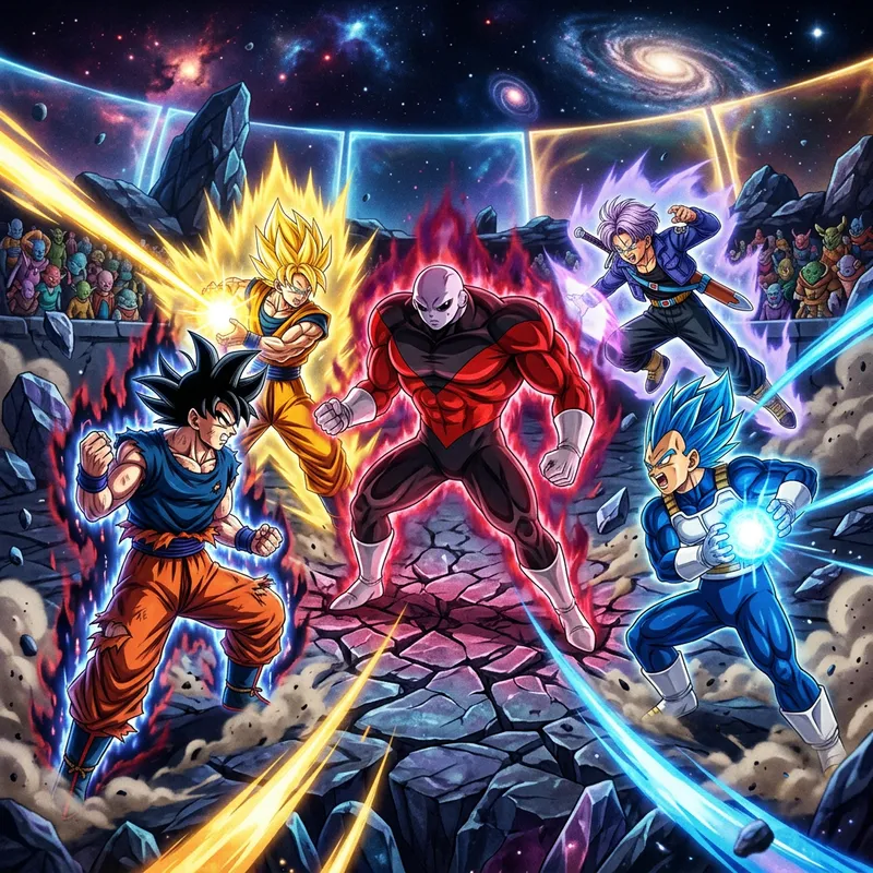 Ultimate Showdown: Black Goku, Goku, Vegeta, Trunks vs. Jiren