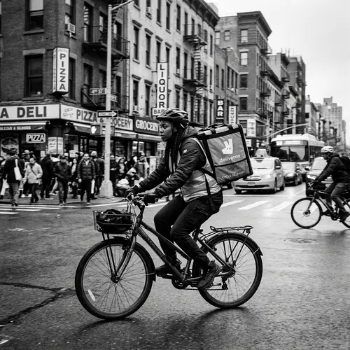 Black Female Delivery Person on Bicycle in City Streets