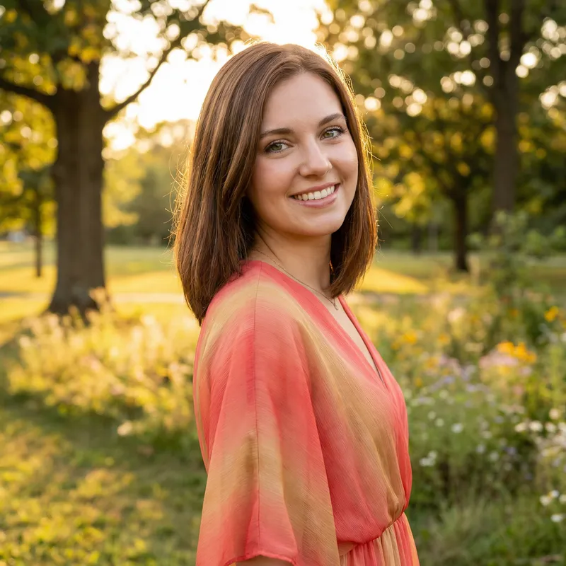 Enchanting Chestnut-Haired Beauty in Sunset-Colored Dress