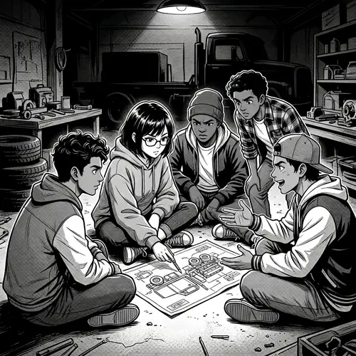 Anime Style Strategy Session: 5 Boys Plan to Stop Vehicles