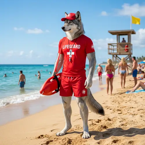 Anthro Wolf Lifeguard at Beach - Full Body Action