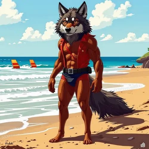 Anthro Wolf Lifeguard at Beach - Full Body Action