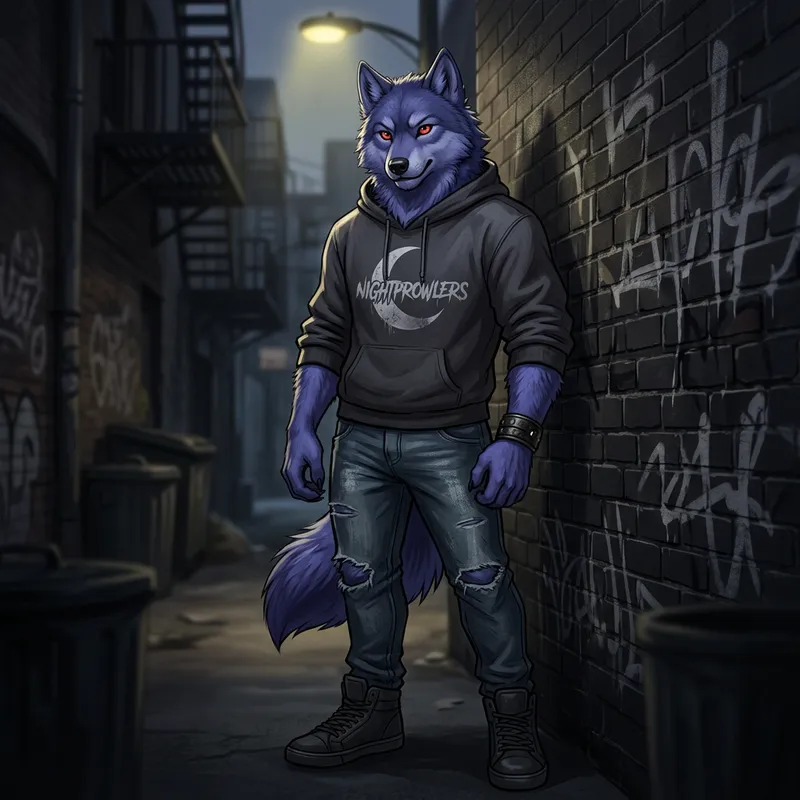 Youthful Indigo Wolf: Masculine Rebel in Stylish Black Outfit