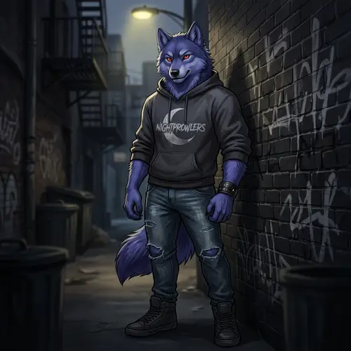 Stylish Masculine Wolf Character in Indigo Fur & Rebel Clothing