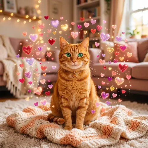 Captivating Orange Cat Surrounded by Hearts