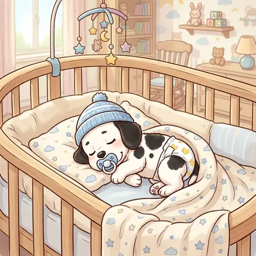 Adorable Newborn Cartoon Puppy Sleeping in Crib