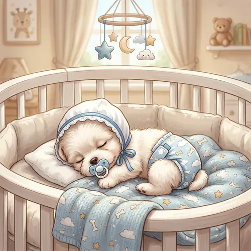 Adorable White Cartoon Puppy in Diapers Sleeps Peacefully