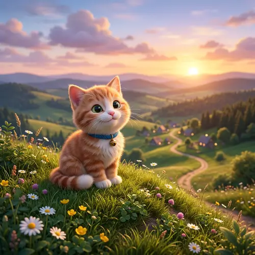 Adorable Cat Sitting on Hill - 3D Image