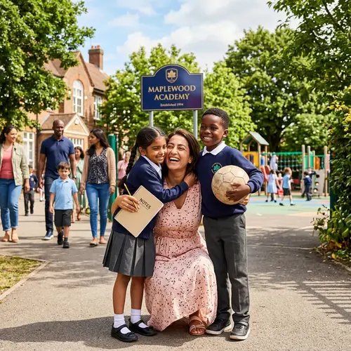 Mother Picking Up Her Kids from School Joyfully