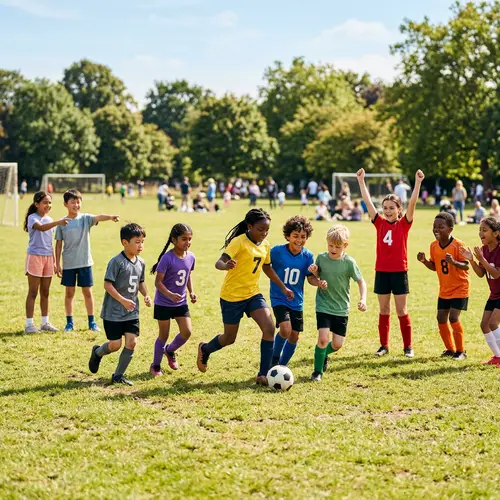 Diverse Group of Children Playing Football Outdoors