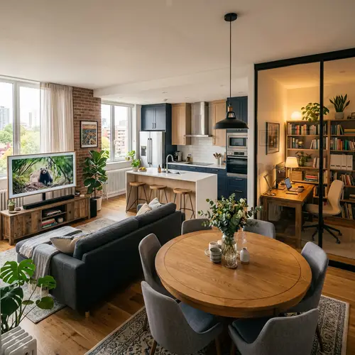 Modern Apartment Living Room Design: Entertainment, Dining, Kitchen, Study