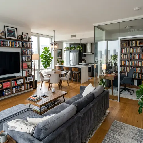 Luxurious Modern Apartment Living Room with Entertainment Area and Kitchen Island