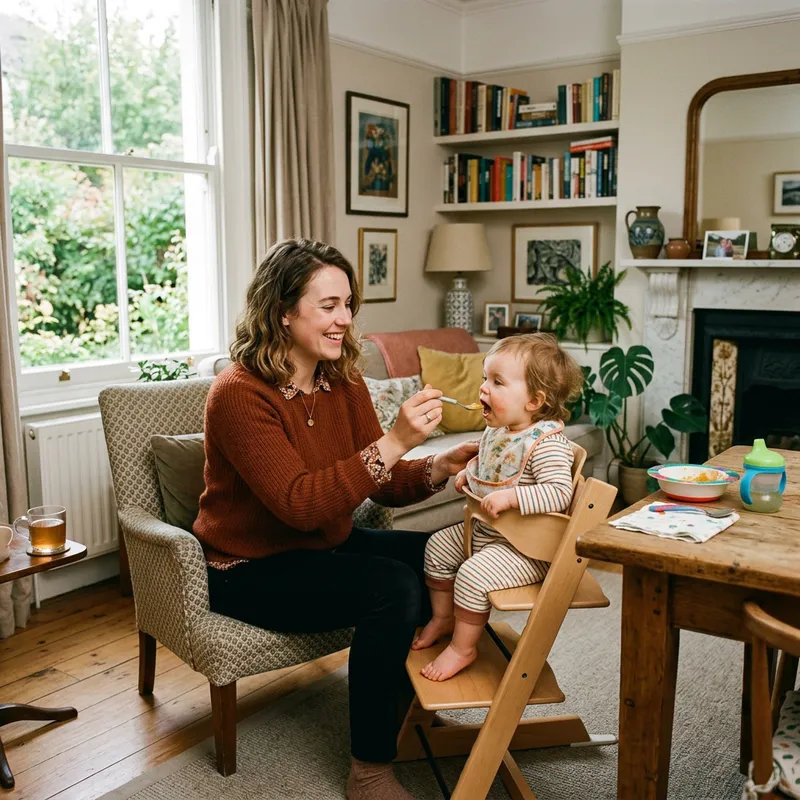 Young British Mother Feeding Child at Home