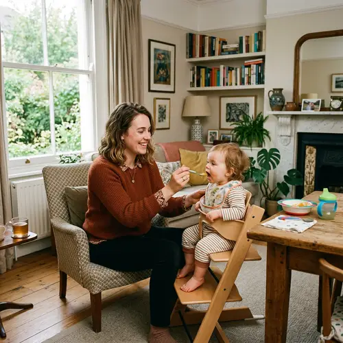 Young British Mother Feeding Child at Home