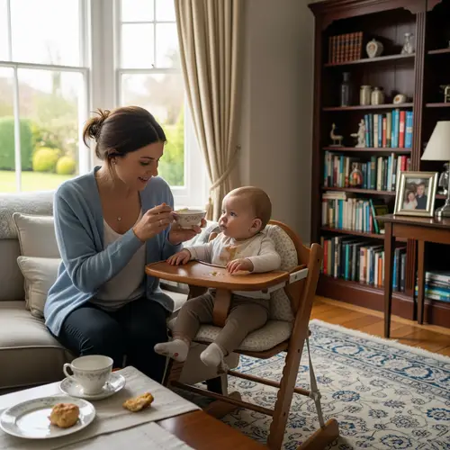 Young British Mother Feeding Child at Home