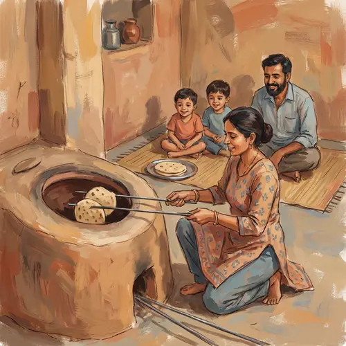 Lady Cooking in Tandoor: A Family Scene
