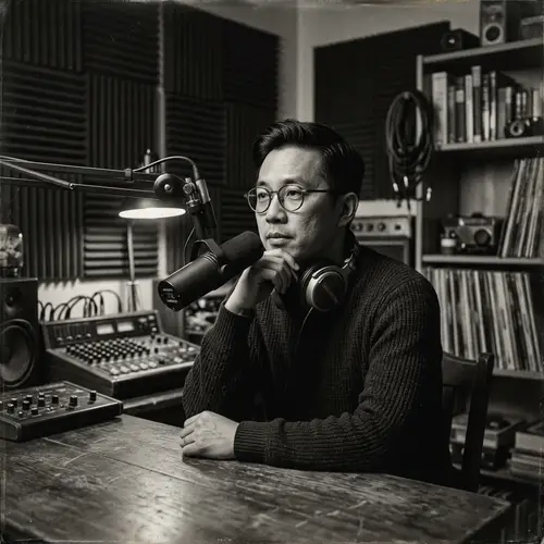 Asian Male Podcast Host in Vintage Black and White Studio | Creative Process