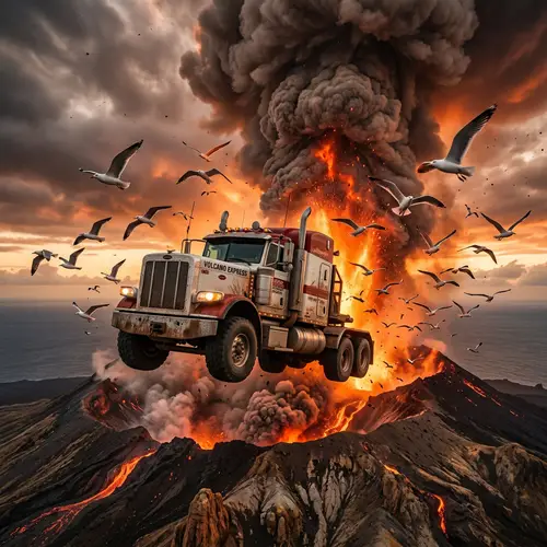 Truck Flying Over Erupting Volcano