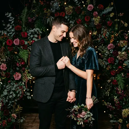 Couple Holding Hands with Flowers on Dark Background