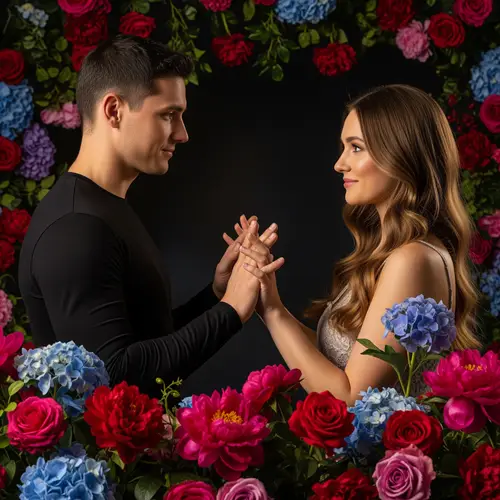 Couple Holding Hands with Flowers on Dark Background
