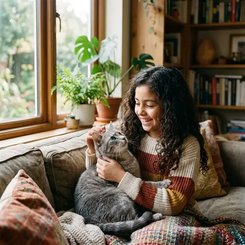 Heartwarming Image of Gray Cat and Girl in Cozy Home
