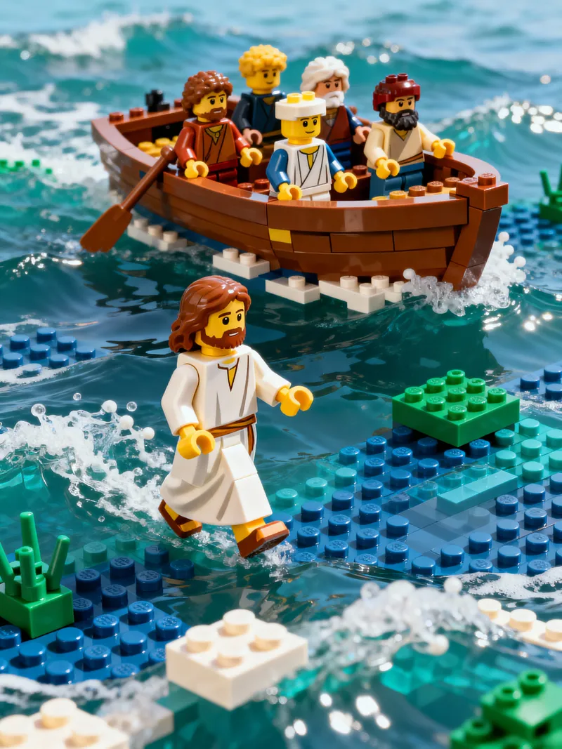 LEGO Jesus Walking on Water with Disciples Scene