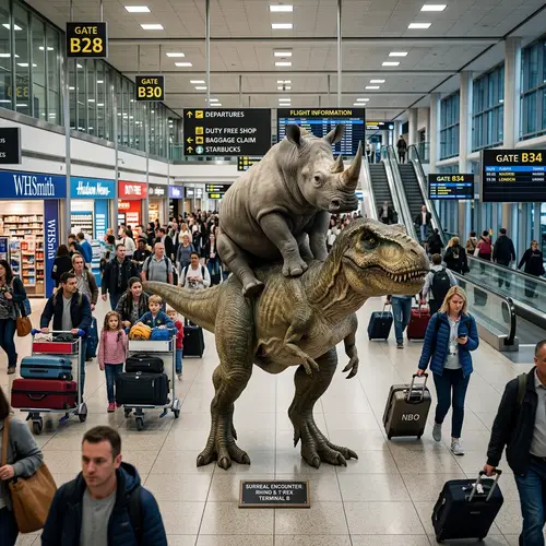 Rhino on T-Rex: A Surreal Airport Scene