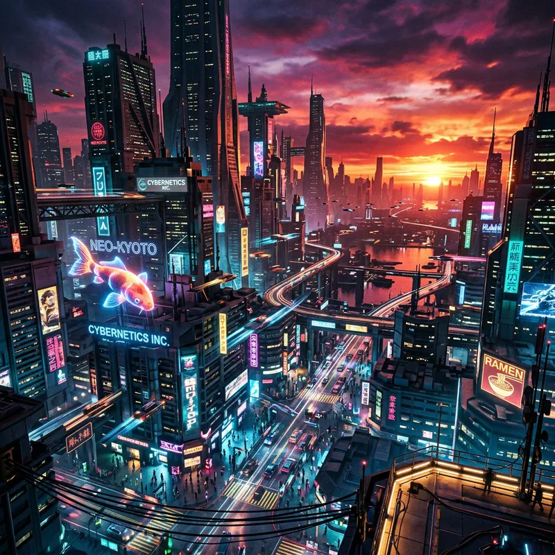 Neon Cyberpunk Cityscape - Sunset Majesty & Hovercars