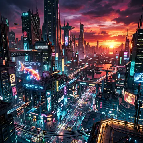 Futuristic Cityscape at Sundown - Cyberpunk Aesthetics