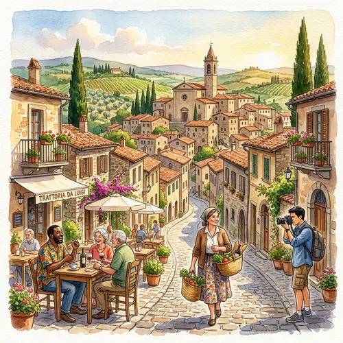 Enchanting Watercolor Painting of Quaint Italian Town in Rolling Countryside