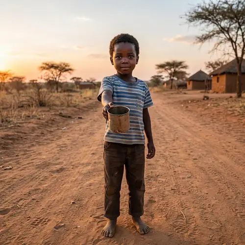 Hopeful Black Boy Seeking Water in Arid Region