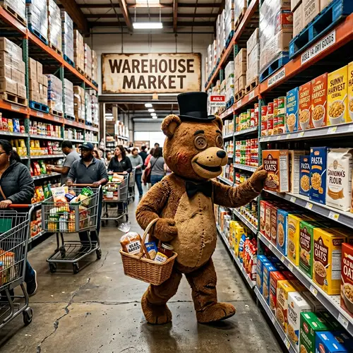 Rustic Bear Explores Costco Warehouse Market | Vintage Puppet Charm