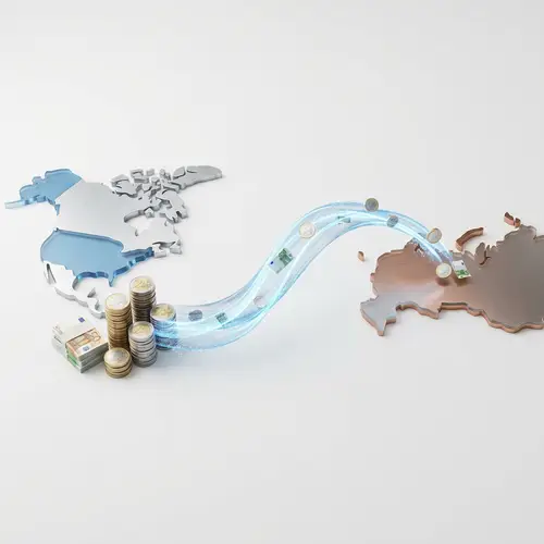 Global Currency Transfer Concept: USA, Canada to Russia