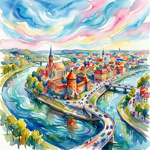 Kaunas Cityscape: Watercolor Painting of Landmarks & River Confluence