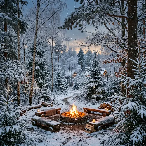 Whimsical Forest Scene with Fire Pit and Snow