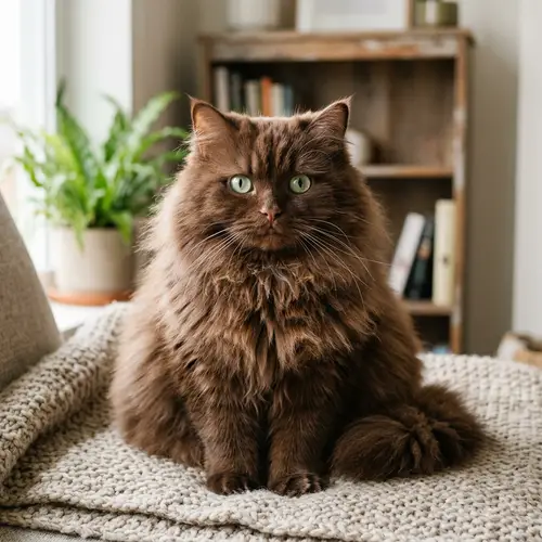 Fluffy Brown Cat with Sage Green Eyes