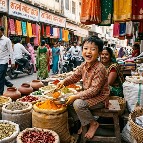 Playful East Asian Boy in Traditional Indian Setting