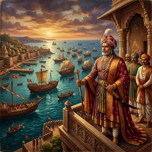 Majestic Historical Painting: Karnatabala, Renowned Ruler of Southern Indian Kingdom