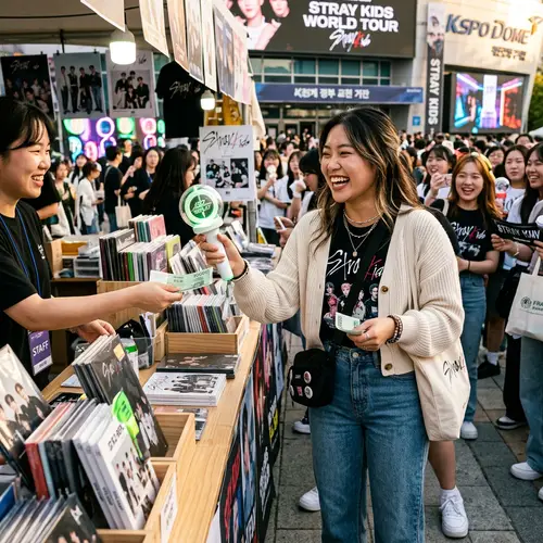 Fashionable Asian College Student Excitedly Buys Kpop Lightstick