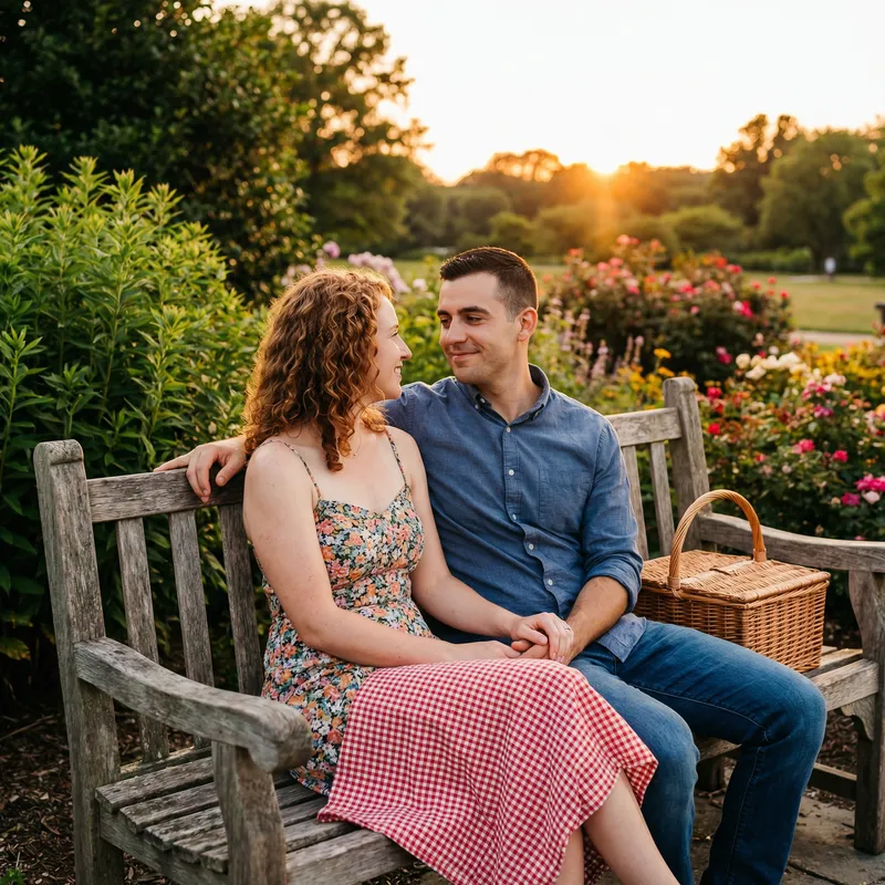 Serenade of Love: Couple on Park Bench Admiring Sunset