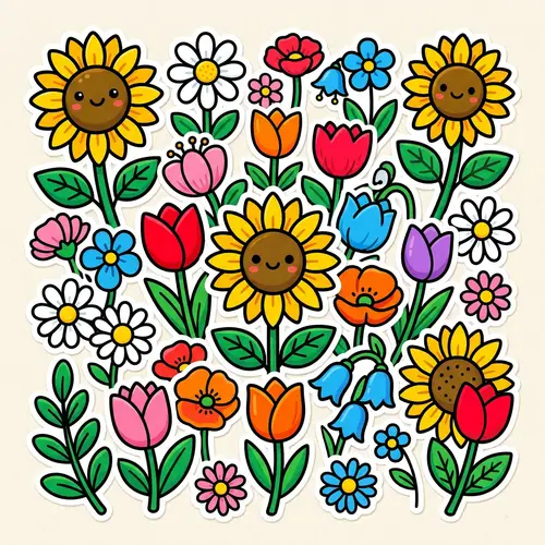 Colourful Cartoon-Style Flowers: Tulips, Daisies, Sunflowers