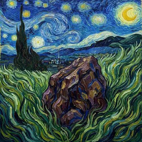 Van Gogh Style Rock with Grass - Art Inspiration
