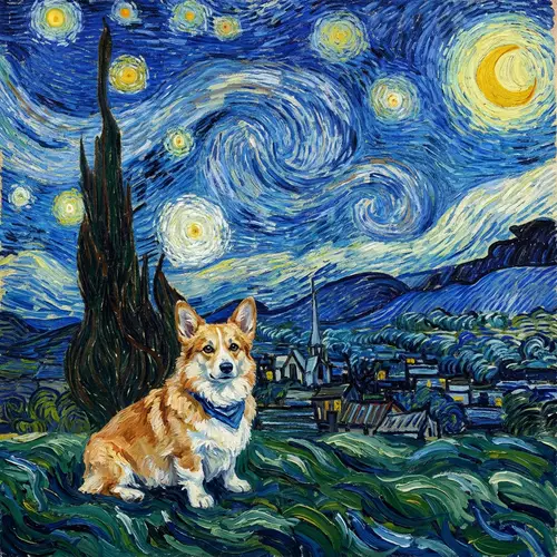 Corgi Against Van Gogh's Starry Night