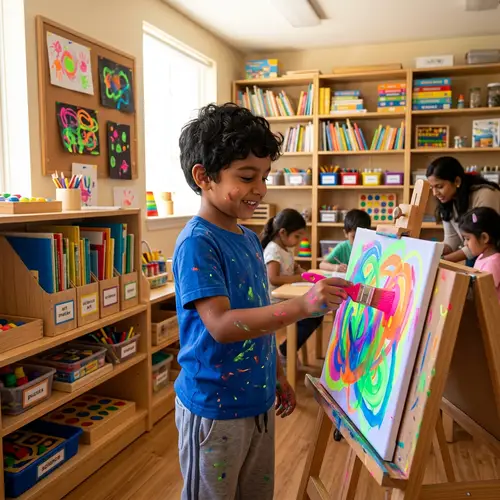Enthusiastic South Asian Boy Creating Fluorescent Paint Art